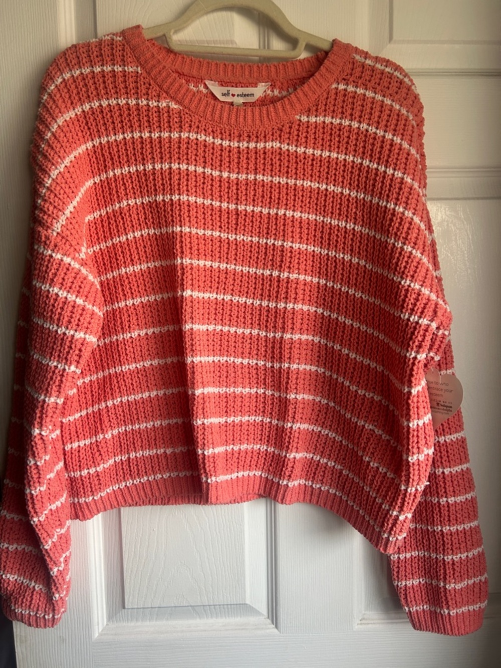 Self Esteem Coral and White Striped Knit Crewneck Sweater